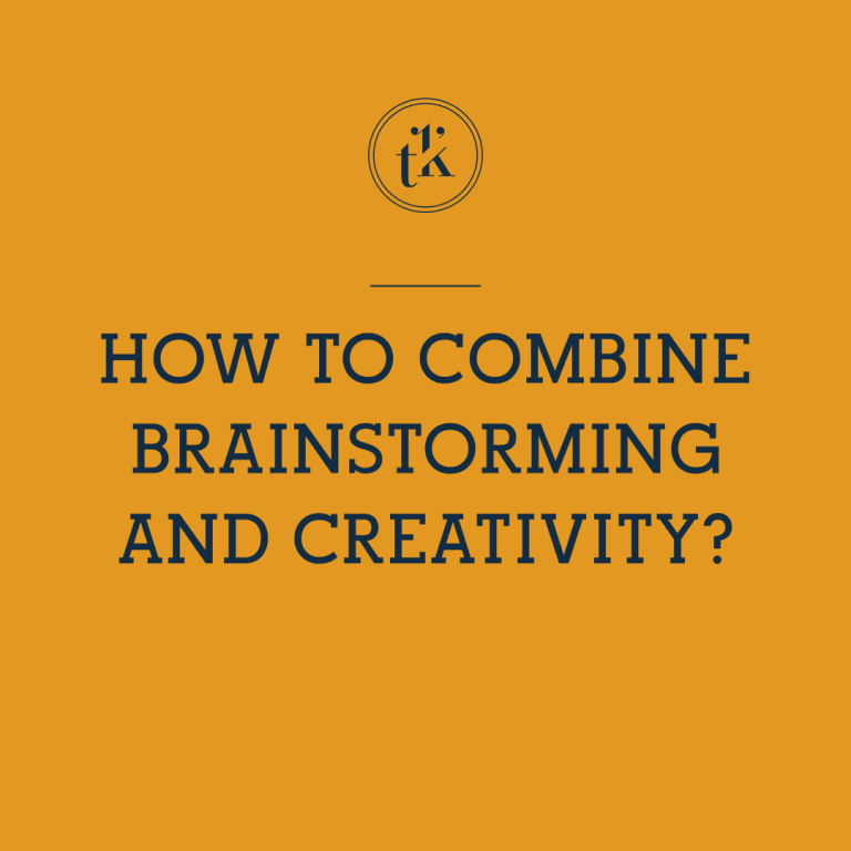 Text on an orange background reads, How to combine brainstorming and creativity? with a small circular logo containing the letters t and k above the text.