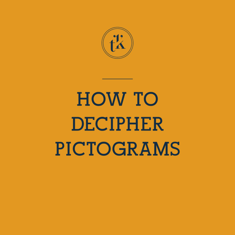 Orange background with a small circular logo at the top and bold black text centered below that reads, HOW TO DECIPHER PICTOGRAMS..
