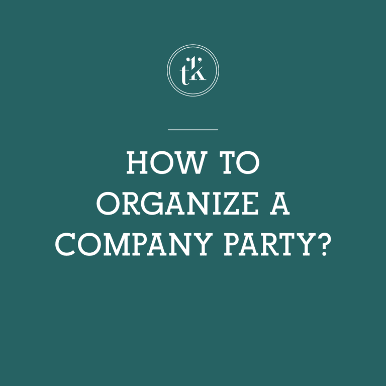 Text on a teal background reads, How to organize a company party? with a small circular logo containing stylized letters above the text.