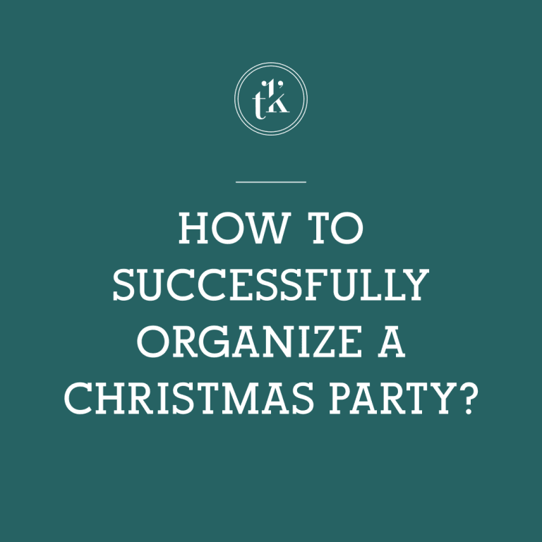 White text on a green background reads, How to successfully organize a Christmas party? with a small circular logo featuring t k above the text.