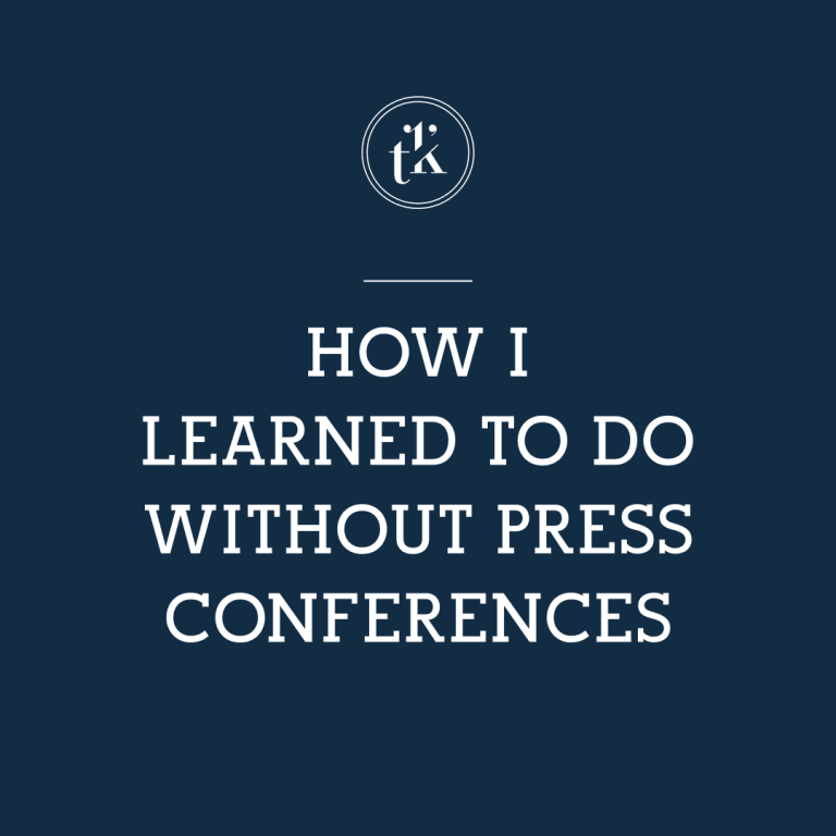 White text on a dark blue background reads: How I learned to do without press conferences. A small circular logo with the letters t k is above the text.