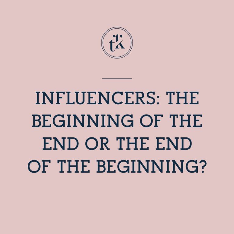Text on a pink background reads: INFLUENCERS: THE BEGINNING OF THE END OR THE END OF THE BEGINNING? with a circle and stylized tk logo above.