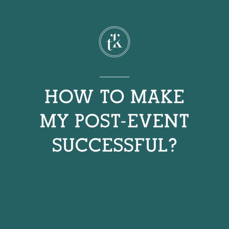 White text on a teal background reads, How to make my post-event successful? with a small circular logo and decorative lines above the text.