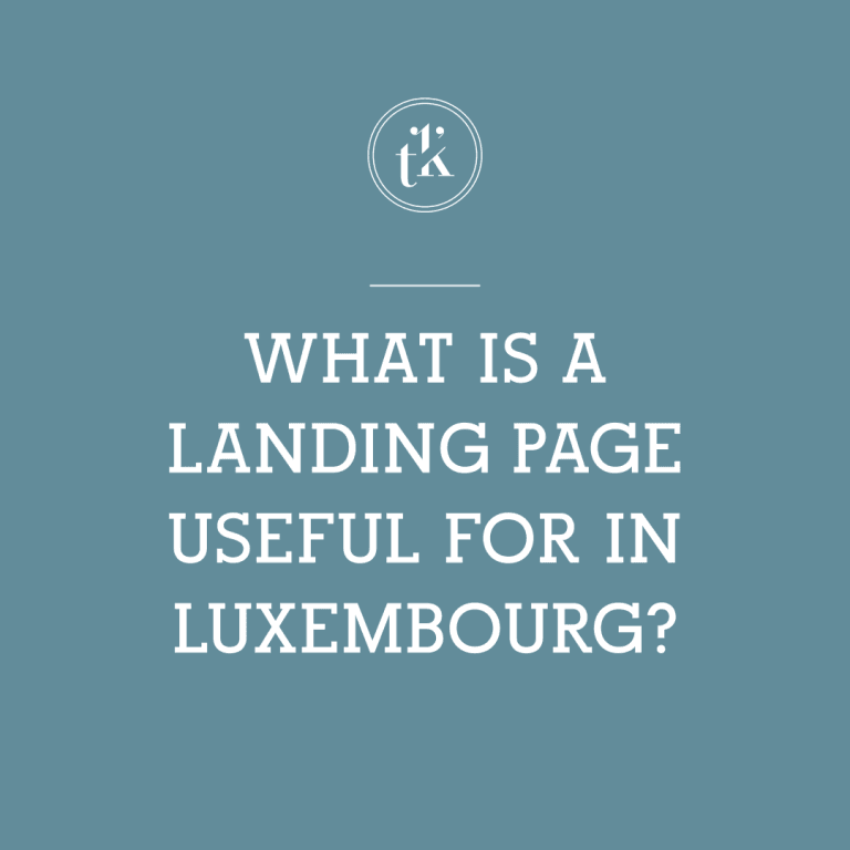 Text graphic with a blue background and a small circular logo at the top, containing the text: WHAT IS A LANDING PAGE USEFUL FOR IN LUXEMBOURG? in white capital letters.